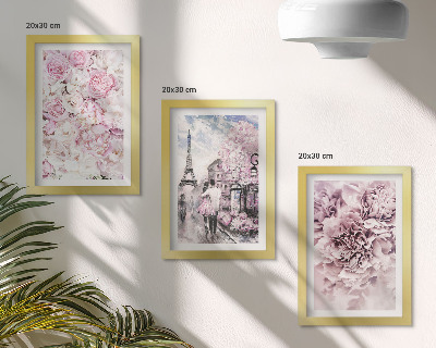 Trittico incorniciato Fiori nelle sfumature del rosa, paesaggio romantico