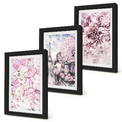 Trittico incorniciato Fiori nelle sfumature del rosa, paesaggio romantico