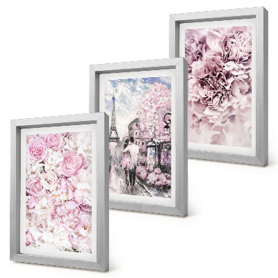 Trittico incorniciato Fiori nelle sfumature del rosa, paesaggio romantico