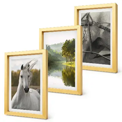 Trittico di quadri cavalli bianchi in riva al fiume con paesaggio naturale