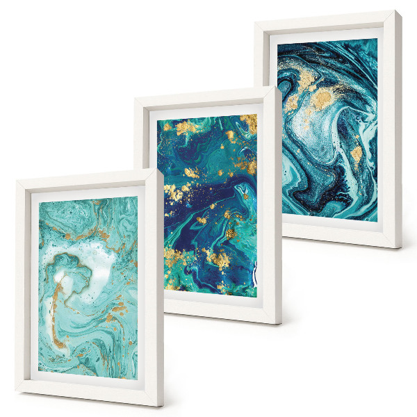 Trittico incorniciato Astrazione turchese di vernice versata