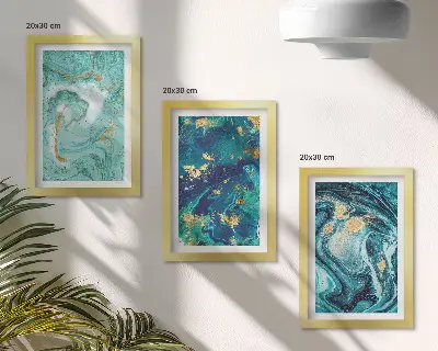 Trittico incorniciato astrazione con vernice versata color turchese
