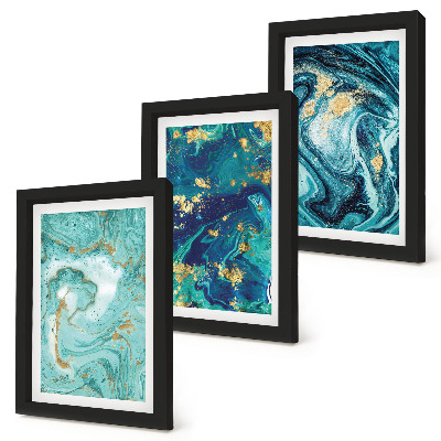 Trittico incorniciato Astrazione turchese di vernice versata