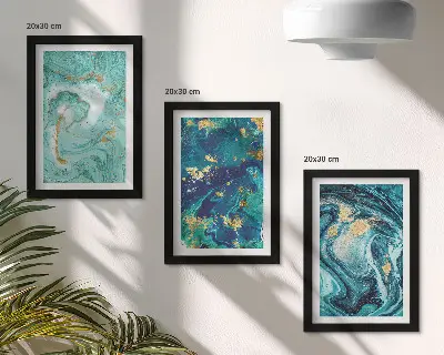 Trittico incorniciato astrazione con vernice versata color turchese