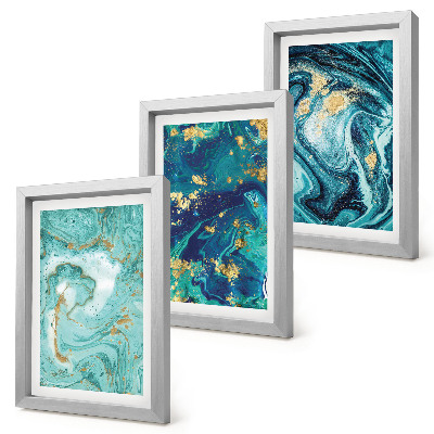 Trittico incorniciato Astrazione turchese di vernice versata