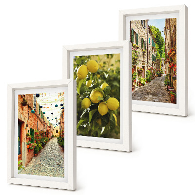 Trittico incorniciato Strade affascinanti con fiori e limoni sullo sfondo.