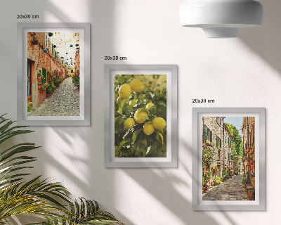 Trittico incorniciato Strade affascinanti con fiori e limoni sullo sfondo.