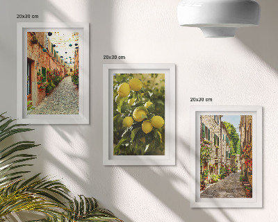 Trittico incorniciato Strade affascinanti con fiori e limoni sullo sfondo.