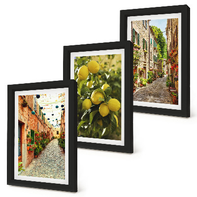 Trittico incorniciato Strade affascinanti con fiori e limoni sullo sfondo.