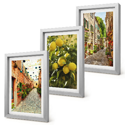 Trittico incorniciato Strade affascinanti con fiori e limoni sullo sfondo.