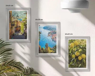 Composizione di 3 quadri con pittoresche strade sul lungomare, vista sul mare e limoni