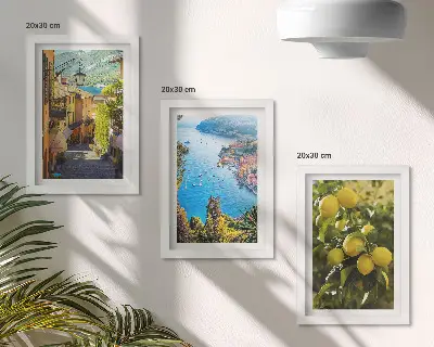 Composizione di 3 quadri con pittoresche strade sul lungomare, vista sul mare e limoni