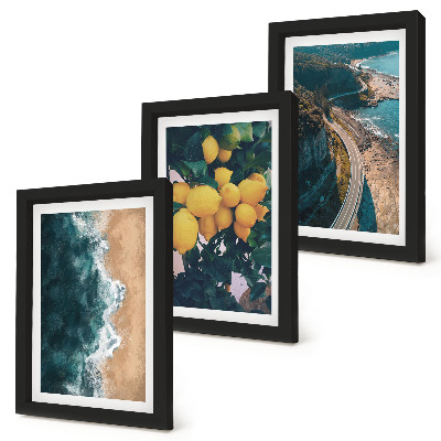 Trittico incorniciato spiaggia sul mare limoni paesaggio montano strada costiera