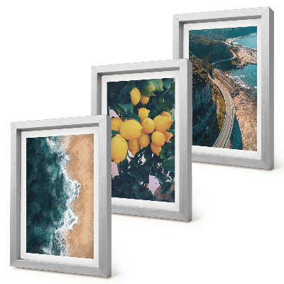 Trittico incorniciato spiaggia sul mare limoni paesaggio montano strada costiera
