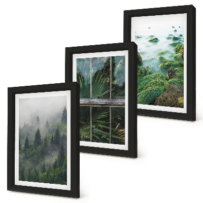 Composizione di 3 quadri Una foresta nella nebbia, la riva di un fiume e una serra con delle piante.