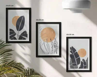 Trittico incorniciato composizioni floreali con grandi girasoli in stile minimalista