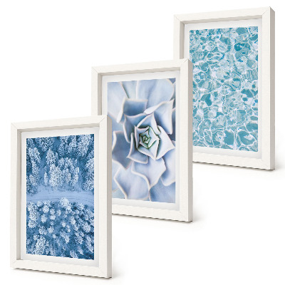 Composizione di 3 quadri Foresta invernale, fiore blu, superficie dell'acqua blu