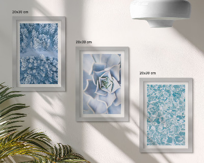 Composizione di 3 quadri Foresta invernale, fiore blu, superficie dell'acqua blu
