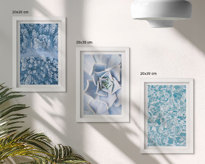 Composizione di 3 quadri Foresta invernale, fiore blu, superficie dell'acqua blu