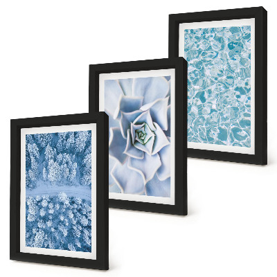 Composizione di 3 quadri Foresta invernale, fiore blu, superficie dell'acqua blu