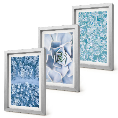 Composizione di 3 quadri Foresta invernale, fiore blu, superficie dell'acqua blu