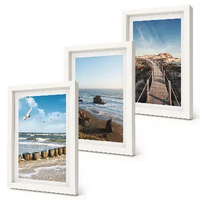 Composizione di 3 quadri con vista della spiaggia, onde, cielo e pontile pedonale