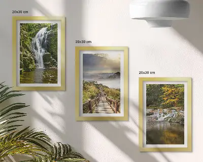 Trittico incorniciato con cascate, montagne, sentieri tra le nuvole e panorami autunnali