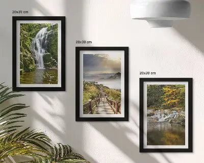 Trittico incorniciato con cascate, montagne, sentieri tra le nuvole e panorami autunnali