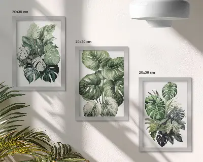 Composizione di 3 quadri con acquerelli raffiguranti foglie verdi di piante tropicali