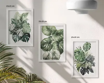 Composizione di 3 quadri con acquerelli raffiguranti foglie verdi di piante tropicali