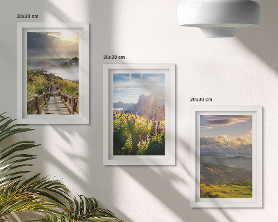 Composizione di 3 quadri Paesaggi montani con fiori, cielo e sentiero