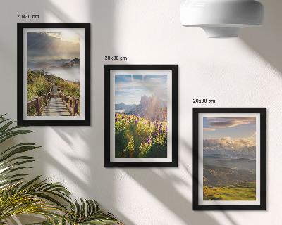 Composizione di 3 quadri Paesaggi montani con fiori, cielo e sentiero