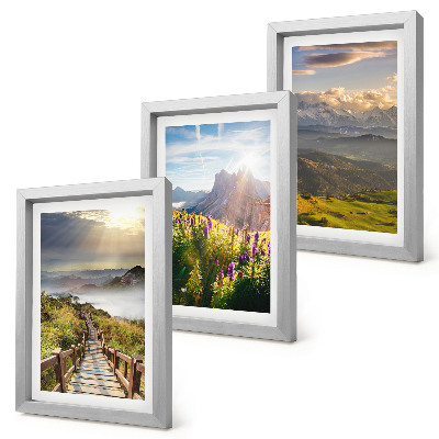 Composizione di 3 quadri Paesaggi montani con fiori, cielo e sentiero