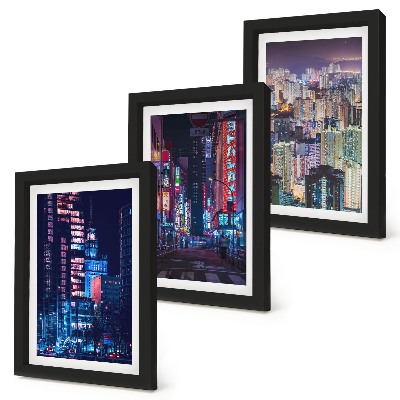 Trittico incorniciato Vedute notturne di città illuminate al neon