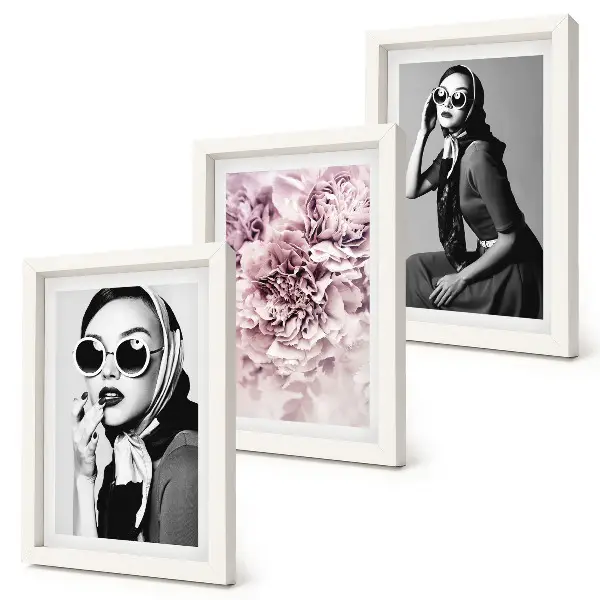 Composizione di 3 quadri con eleganti ritratti di donne e fiori rosa