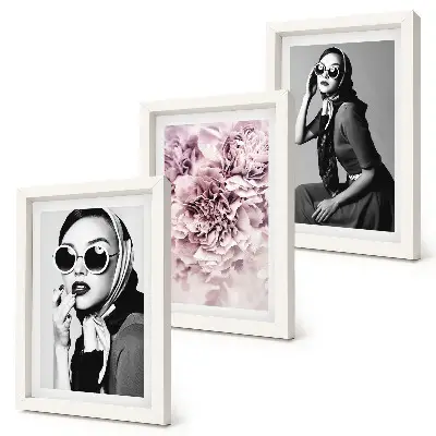 Composizione di 3 quadri con eleganti ritratti di donne e fiori rosa
