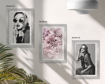 Composizione di 3 quadri Eleganti ritratti di donne con fiori rosa