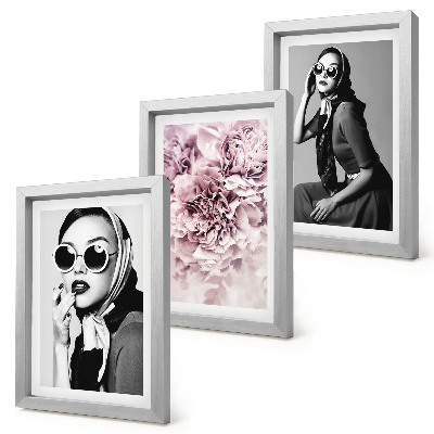 Composizione di 3 quadri Eleganti ritratti di donne con fiori rosa