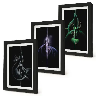 Composizione di 3 quadri con motivi astratti in tonalità di nero e colore
