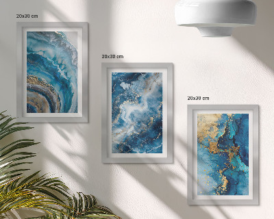 Composizione di 3 quadri Motivi astratti blu in tre dipinti