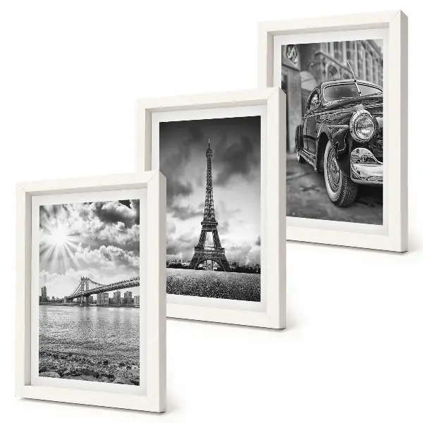 Trittico incorniciato con panorami di città, ponti, Torre Eiffel e auto d'epoca