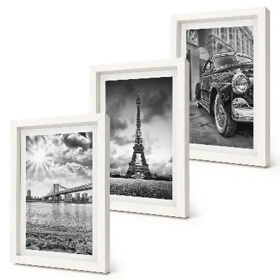 Trittico incorniciato con panorami di città, ponti, Torre Eiffel e auto d'epoca
