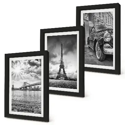 Trittico incorniciato con panorami di città, ponti, Torre Eiffel e auto d'epoca