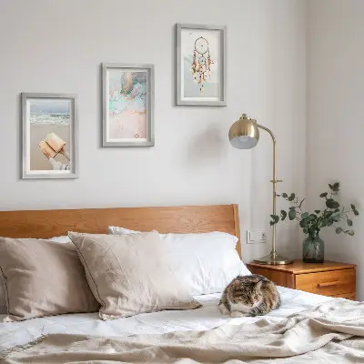 Composizione di 3 quadri con illustrazione astratta a tema marino e acchiappasogni boho