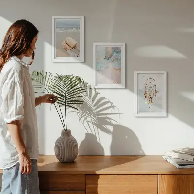 Composizione di 3 quadri con illustrazione astratta a tema marino e acchiappasogni boho