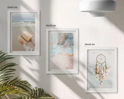 Composizione di 3 quadri con illustrazione astratta a tema marino e acchiappasogni boho