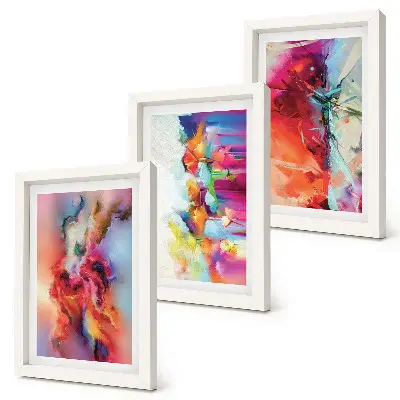 Composizione di 3 quadri con astrazioni colorate, forme e figure dinamiche