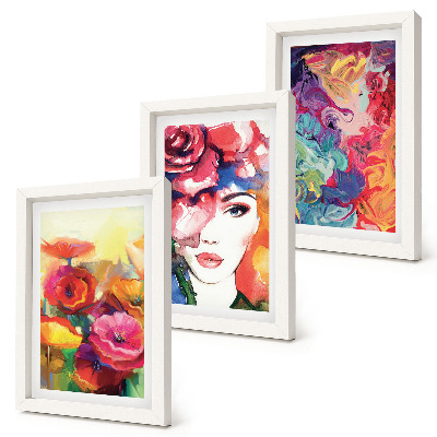 Trittico incorniciato Fiori dai colori intensi, ritratto di donna, astratto