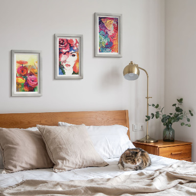 Trittico incorniciato Fiori dai colori intensi, ritratto di donna, astratto