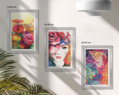 Trittico incorniciato Fiori dai colori intensi, ritratto di donna, astratto